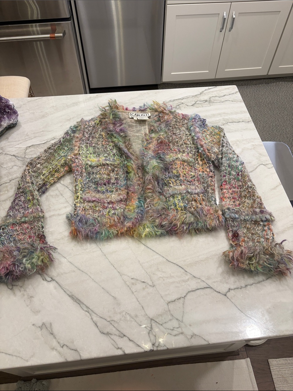 CARLISLE Multicolor Bouclé Crop Blazer with Fuzzy Trim SZ 2/ XS